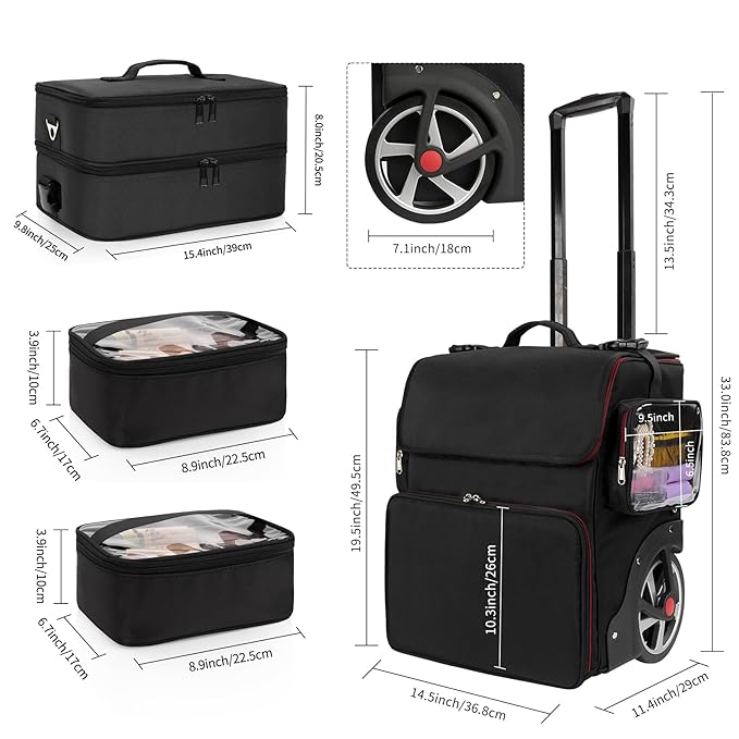 Large Makeup Train Case with a Large Makeup Travel Bag for Hairstylist, Hairdresser Bag with Detachable Pouch,Heat Insulation and Anti-scalding Full layer for Hairdressing Tool Organizer, Big wheels