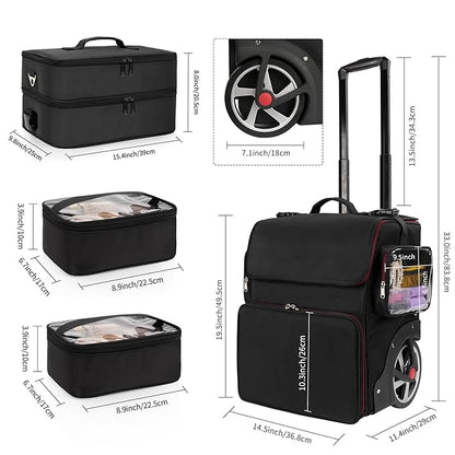 Large Makeup Train Case with Makeup Travel Bag and 4 Clear Makeup Bags for Hairstylist, Hairdresser Bag with Detachable Pouch,Heat Insulation Anti-scalding for Hairdressing Organizer Big wheels