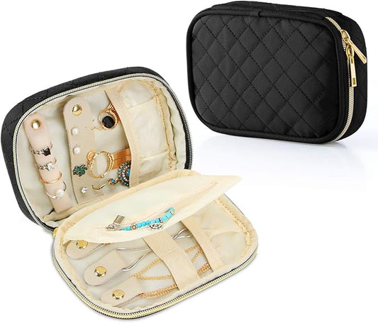 Teamoy Small Jewelry Travel Case, Portable Jewelry Organizer Bag for Earrings, Necklace, Rings and More (Small, Quilted- Black)