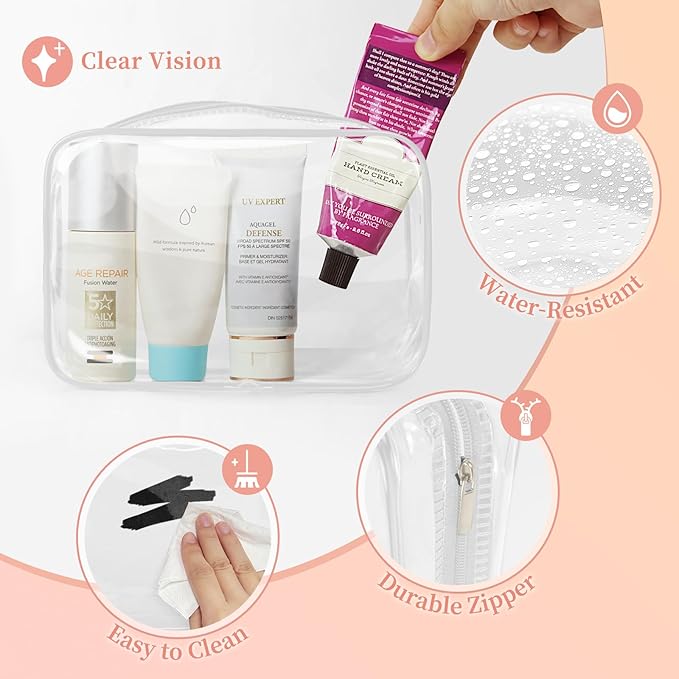 TISRATOK 12 PCS Clear Makeup Bag for Women with Zipper, TSA Approved Toiletry Pouch, Cosmetic Bag Bulk for Travel Organizer Essentials - White,Medium