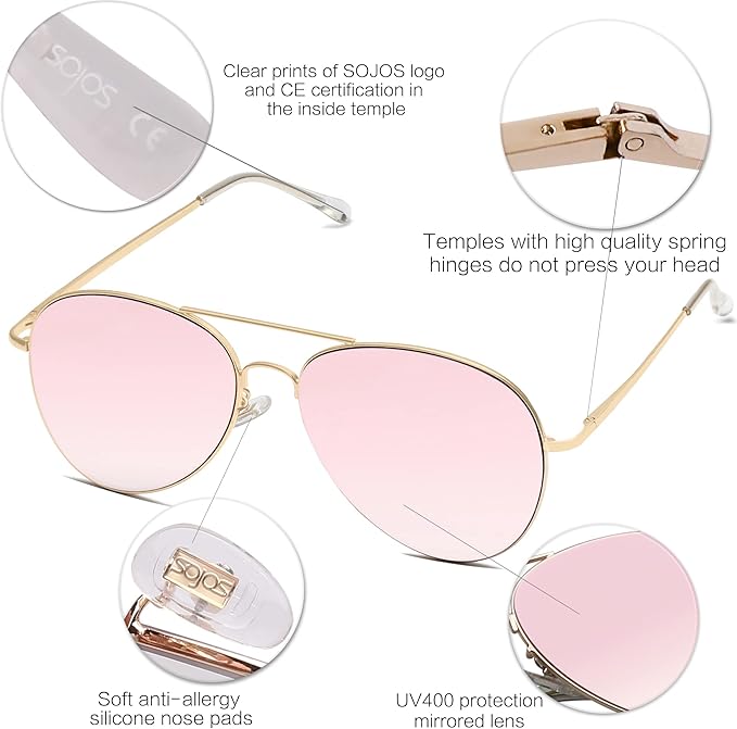 SOJOS Classic Aviator Sunglasses for Women Men Metal Frame Spring Hinges SJ1030