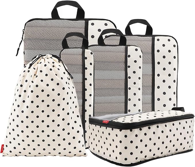 U+U 6 Set Compression Packing Cubes - Ultralight Travel Organizers with Laundry Bag, Space-Saving Suitcase Organizer, Expandable Packing Cubes for Travel, Business Trip and Family Vacation (Polka Dot)