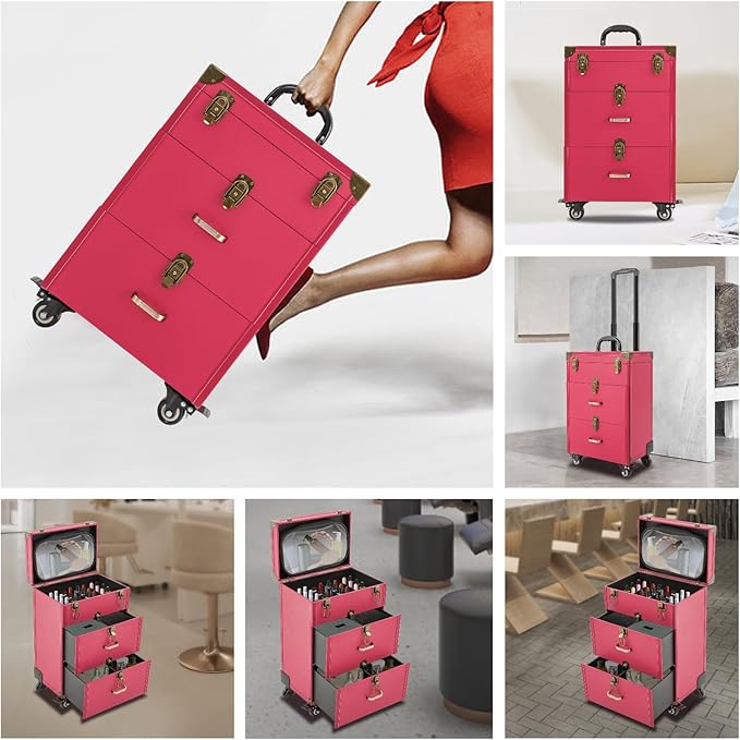 Rolling Makeup Case w/ 2 Keys, 3-tier Lockable Makeup Train Case w/ Drawers, Removable Baffle Nail Polish Organizer, Travel Cosmetic Case w/ 15-34in Telescopic Rod, 14.2*9*39.76in, Bronze Latch+Rose
