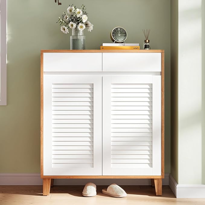 4-Tier Shoe Storage Cabinet with Drawer & Adjustable Shelves, Wooden Shoe Organizer Rack with Louvered Doors for Entryway, Hallway, Closet, Living Room(White/Brown)