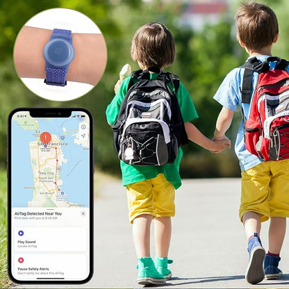 Vanjua Wristband for Apple AirTag, Protective Case Compatible with Air Tag GPS Tracker Holder with Braided Bracelet, Adjustable Anti Lost Watch Band for Toddler Child Elder (Black+Blue)