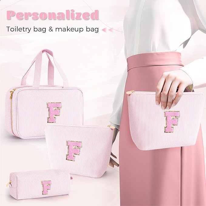 Toiletry Bag for Women,Personalized Initial Cute Makeup Pouch for Girlfriend Bridesmaid Wife | Travel Cosmetic Bag for Friend Female Sister | Birthday Gift Idea for Her Mom - Pink F