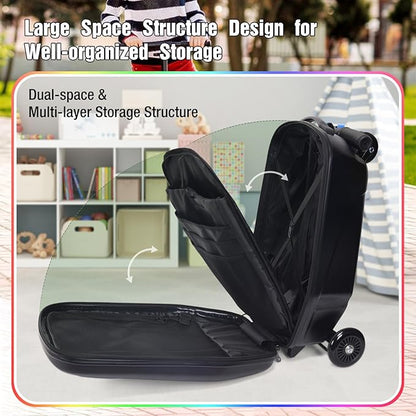 20" Scooter Suitcase for Kids, 2-in-1 Ride On Luggage with Wheels for Boys & Girls Ages 4-15, Foldable Hardshell Carry On Lightweight Travel Suitcase for Airplane