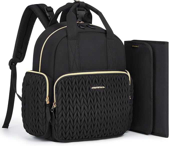 mommore Diaper Bag Backpack Small Diaper Backpack Mini Travel Baby Bag Quilted Diaper Bag with Insulated Pockets, Stroller Straps