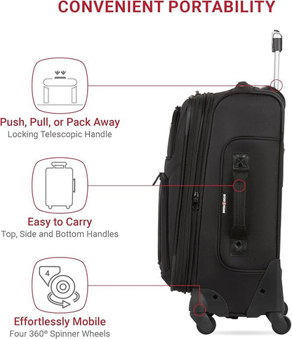 SwissGear Sion Softside Expandable Luggage – Medium Checked Suitcase with 360 Degree Wheels & Retractable Handle – 25 Inch, Perfect for 1-7 Night Trips – Black
