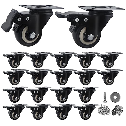 2 Inch Caster Wheels Set of 20 Heavy Duty Casters,with Brake,No Noise Locking Polyurethane (PU) Wheels, for Furniture and Workbench Load 800lbs