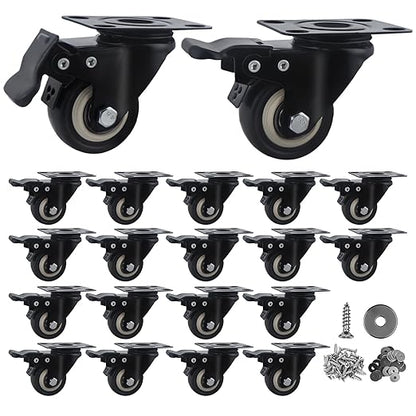 2 Inch Caster Wheels Set of 20 Heavy Duty Casters,with Brake,No Noise Locking Polyurethane (PU) Wheels, for Furniture and Workbench Load 800lbs