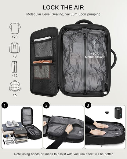 70L Vacuum Backpack Travel with Pump, Charging Port and TSA Lock, Expandable Vacuum Seal Compression Travel Backpack for 19" Laptop, Airline Approved