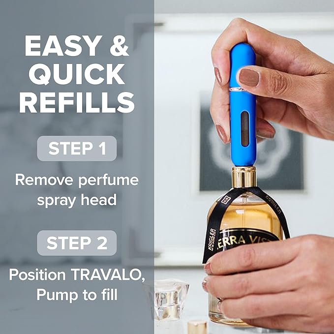 Travalo Classic HD Perfume Atomizer - Leak-Proof and TSA Approved for Air Travel - Reusable, Airtight, Easy-Fill Mini Pump Sprayer - Lightweight, Elegant Design w/Volume Window - Blue - 0.17oz
