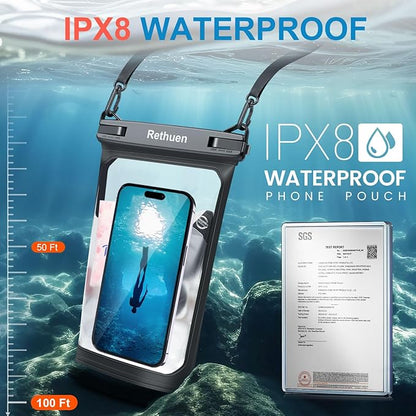 Large Waterproof Phone Pouch, 2Pack Floating Waterproof Bag for iPhone 17 16 15 14 13 Pro Max Galaxy S24 S23 S22 All Phones, Cell Phone Dry Bag for Beach Swimming Rafting Boating (Black + Black)