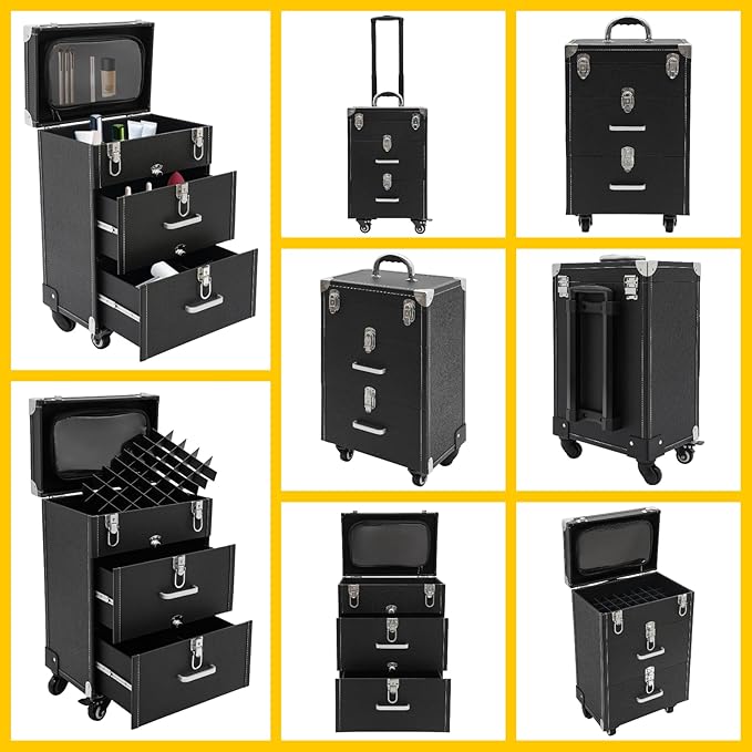 Rolling Makeup Case w/ 2 Keys, 3-tier Lockable Makeup Train Case w/ Drawers, Removable Baffle Nail Polish Organizer, Travel Cosmetic Case w/ 17.7in Telescopic Rod, 14.2*9*19.3in, Silver Latch+Black