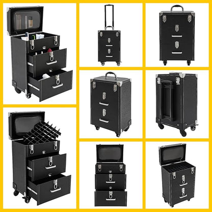 Rolling Makeup Case w/ 2 Keys, 3-tier Lockable Makeup Train Case w/ Drawers, Removable Baffle Nail Polish Organizer, Travel Cosmetic Case w/ 17.7in Telescopic Rod, 14.2*9*19.3in, Silver Latch+Black
