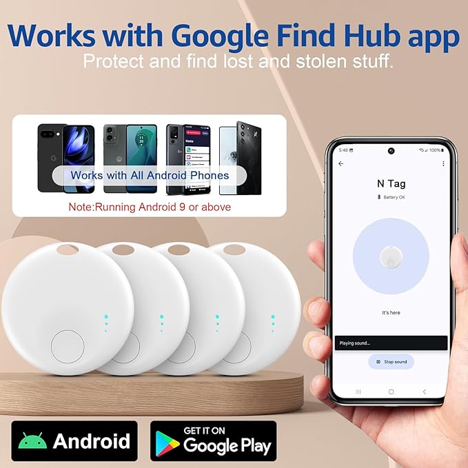 Smart Tags-4 Pack for Android Tracker Tags, Bluetooth Tracker, Work with Google's Find Hub App, Item Finder for Keys, Item Locator for Wallet, Suitcases (White)