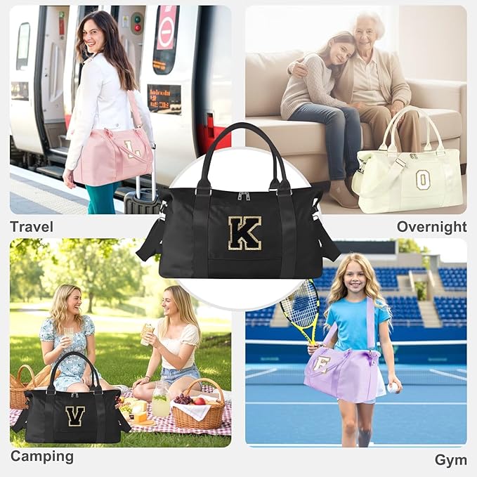 Dance Gym Duffel Bag for Teen Girls, Personalized Initial Travel Weekender Bag,Cute Overnight Carry On Duffle for Women,Sports Travel Cheer Bag,Monogram Christmas Gifts for Tween Preppy(black-K)