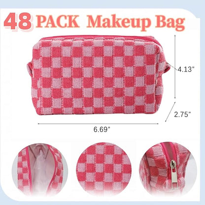 48 PACK Checkered Makeup Bag- Bulk Bridesmaid Proposal Gifts Makeup Pouch for Wedding Party Favors Bachelorette Party Decorations Toiletry Organizer Bag Cosmetic Case Gift (Pink)