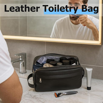 MIRASON Travel Toiletry Bag for Men Leather Travel Bag for Toiletries, Dopp Kit Water-resistant Shower Bag for Shaving Bathroom Organizer Gifts for Men, Black