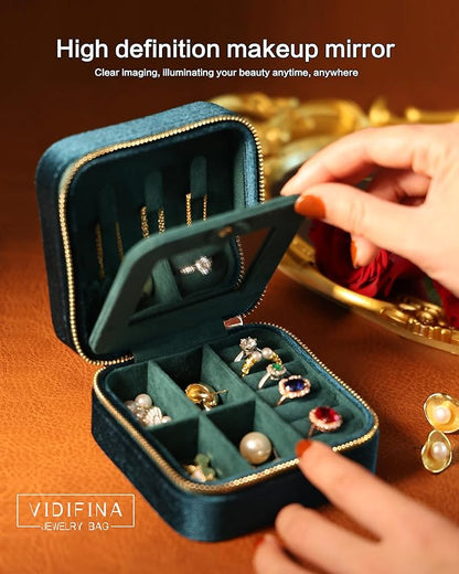 Velvet Jewelry Box – Travel Jewelry Case Organizer with Mirror, Adjustable Compartments for Women | Luxury Storage Case & Gift for Her - Caramel