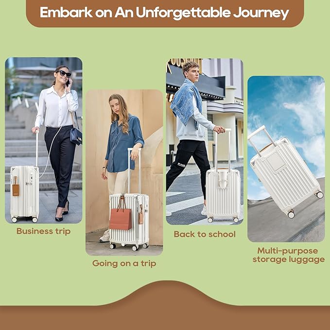 Joyway Carry On Luggage, Expandable Suitcase with Smart Cup Holder and USB Port, 20 IN Hardside Checked with TSA Lock Spinner Double Wheels, White