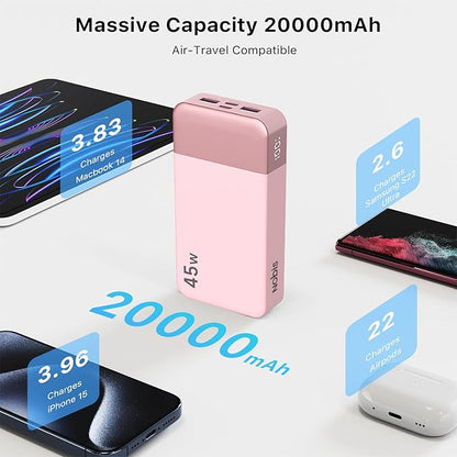 NOBIS Portable Charger, 20000mAh Power Bank, 45W Power Bank Fast Charging, Battery Pack with C to C Cable, Battery Bank with Digital Display for Phone Android Laptop etc (Pink)