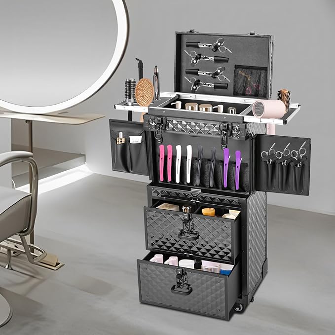 Beauty Luggage Rolling Lockable Makeup Train Case Stylist Cosmetic Luggage Travel Organizer with Hair Dryer Holder & Compartment