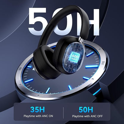Hybrid Active Noise Cancelling Headphones, Over Ear Bluetooth 6.0 Wireless Headphones, 50H Playtime, Deep Bass, HiFi Stereo Sound, Lightweight Foldable for Travel, Home and Office（Black）