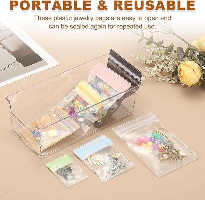 PATIKIL Clear Jewelry Box, Organizer Holder Box with 60 Pcs Portable Anti Tarnish Jewelry Bags, Travel Case for Women Earrings Rings Necklaces Bracelets, White, Pink 3 Size
