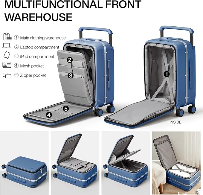 mixi Carry On Luggage 20'' Suitcase with Front Laptop Pocket, Wide Handle Rolling Travel Suitcases PC Hardshell with Aluminum Frame Spinner Wheels & TSA Lock, Carry-On Luggage(Sapphire Blue)