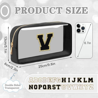 Small Clear Personalized Initial Makeup Bag, Preppy Nylon A-Z Chenille Letter Patch Makeup Organizer TSA Approved Travel Toiletry Bag,Waterproof Zip Beach Cosmetic Pouch Purse for Women(Black-Black V)