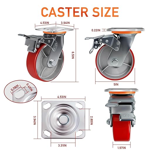 5 Inch Heavy Duty Caster Wheels Set of 4 Industrial Casters with Brake,Load 4000Lbs,Polyurethane Silent Steel Wheels,for Heavy Duty Die,Industrial Equipment Movement,U-Boat Cart(2Brake&2Rigid)