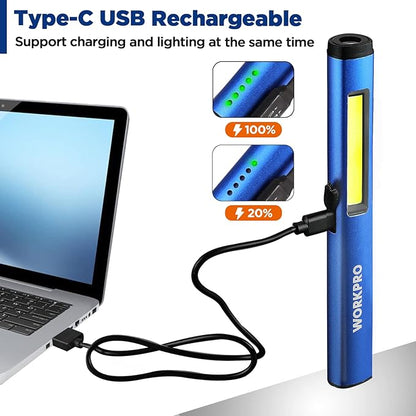WORKPRO Rechargeable Flashlight, LED Pen Light with 365 nm UV Black Light, 450 Lumen Pocket Penlight, Magnetic Clip, for Hurricane Deluge Flood Emergency