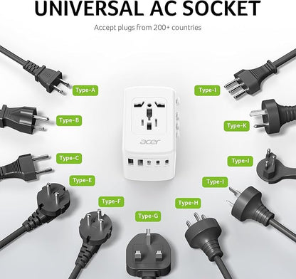 Acer Universal Travel Plug Adapter - International Power Adapter with 5 USB Ports (3 USB C) 5.8A, Worldwide Outlet Charger for USA to European UK France Germany Spain, Type C/E/F/G/I/L/A, White