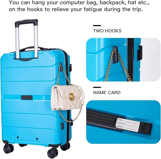 Luggage Sets Wear-Resistance Hardside Lightweight Suitcase Double Spinner Wheels, TSA Lock,Two Hooks, Scratch-resistant Carry-on,3 Piece Set(20inch 24inch 28inch) (Light Blue)