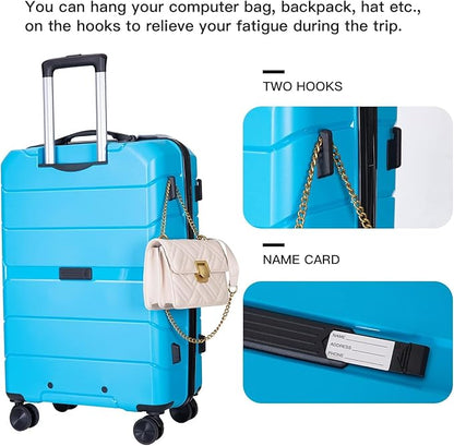 Luggage Sets Wear-Resistance Hardside Lightweight Suitcase Double Spinner Wheels, TSA Lock,Two Hooks, Scratch-resistant Carry-on,3 Piece Set(20inch 24inch 28inch) (Light Blue)
