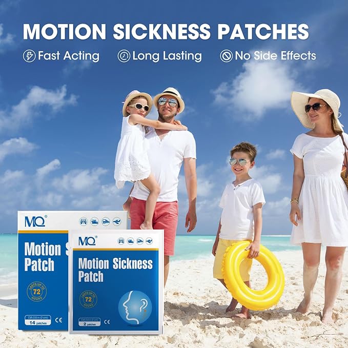 MQ 28 ct Motion Sickness Patches Non Drowsy Sea Sickness Patch for Cruise Travel Essentials, Waterproof Car Sick Patches Behind Ear Fast Acting & Long Last 72H, 2 Pairs of Wristbands as a Bonus