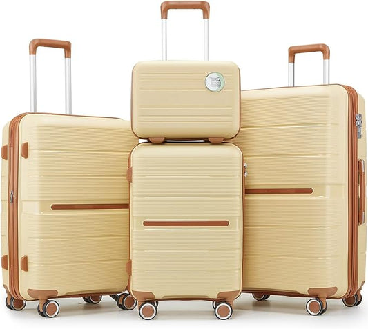 Merax Luggage Set 4 Piece Suitcase with Case Expandable Spinner Wheels Hardshell Airplane Approved Luggage Sets,Apricot Cream,14/20/24/28