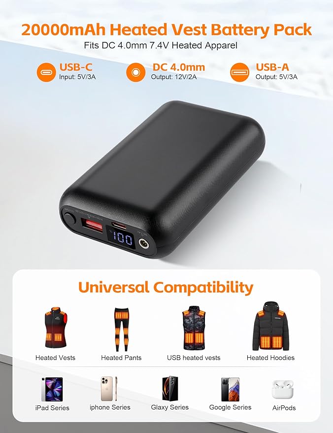 20000mAh Heated Vest Battery Pack – 7.4V DC 4.0mm & USB/Type-C Output Compatible with Heated Apparel and Most USB Heated Vest, Up to 13H Heat, LED Display