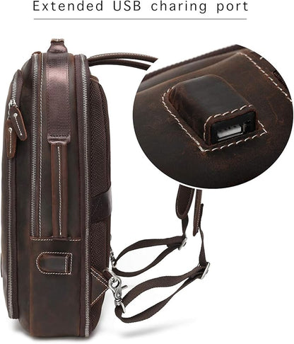 LANNSYNE Men's Full Grain Leather Expandable 15.6 Laptop Backpack Tote Shoulder Travel Bag Rucksack