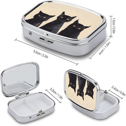 Metal 2 Compartment Pill Organizer Travel Friendly Portable Compact Pill Box Cute Pill Case to Hold Vitamins,Fish Oil,Supplements,Meds,Tablet for Purse,Pocket. (Three Cats)