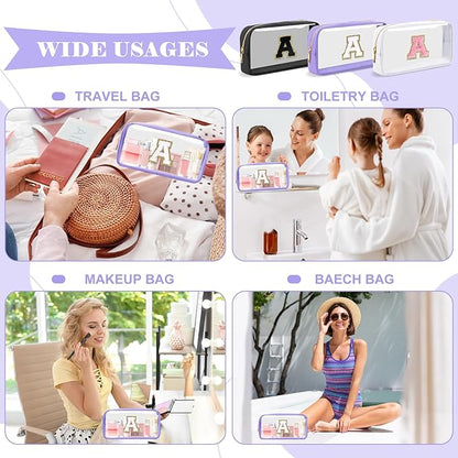 Personalized Initial Letter Clear Makeup Bag,Preppy Small Nylon&PVC Cosmetic Zipper Bag with Chenille Letter,Travel Skincare Toiletry Bag,Monogram Christmas Gift for Teen Girls Women,A