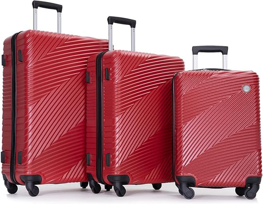 Luggage Sets Wear-Resistance Hardside Lightweight Suitcase Double Spinner Wheels, TSA Lock,Two Hooks, Scratch-resistant Carry-on,3 Piece Set(20inch 24inch 28inch) (Red)