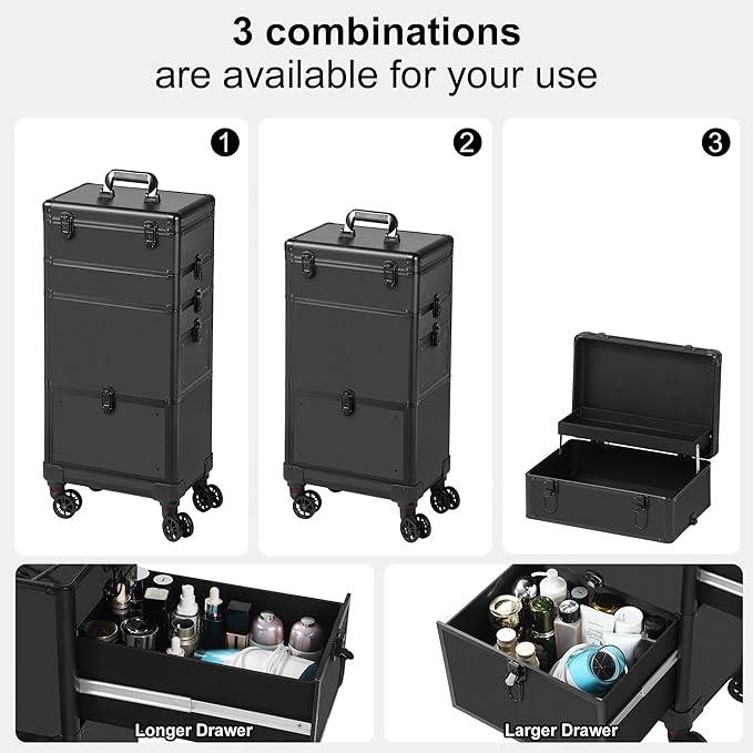 Makeup Train Case with Drawer, Rolling Makeup Case, Cosmetology Case on Wheels, Gift, Travel Makeup Organizers, Profesional Cosmetic Case for Salon Barber,Nail,Tattoo, Black