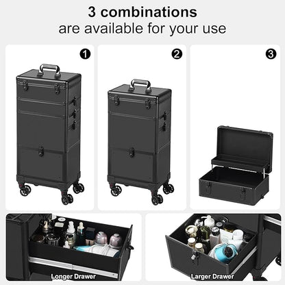 Makeup Train Case with Drawer, Rolling Makeup Case, Cosmetology Case on Wheels, Gift, Travel Makeup Organizers, Profesional Cosmetic Case for Salon Barber,Nail,Tattoo, Black