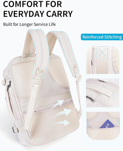 ECOHUB 17" Small Unisex Travel Backpack United Airlines Approved 17x10x9 Friendly Suitcase Anti-Theft Lockable Zippers Style Personal Item Bag Travel Essentials with 12 Pockets Water Resistant, White