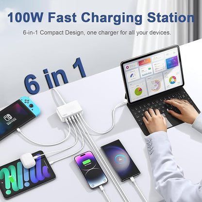 USB C Fast Charger,100W GaN 6 Port Type USB C Charging Station Hub Block USBC Wall Charger Power Strip Adapter Plug Cube Brick USBC USB A for iPad Air/Pro,iPhone 16 15 14 13 12 11 Pro Max,Galaxy S24