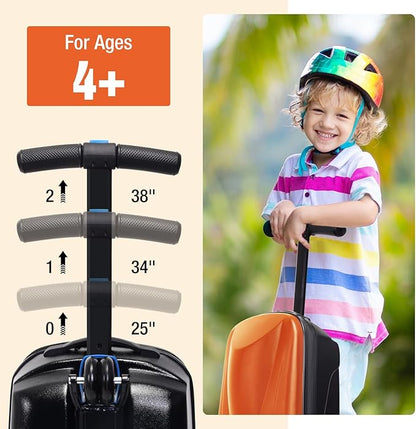 Apelila 20" Scooter Suitcase for Kids, 2-in-1 Ride On Luggage with Wheels for Boys & Girls Ages 4-15, Foldable Hardshell Carry On Lightweight Travel Suitcase for Airplane (Orange)