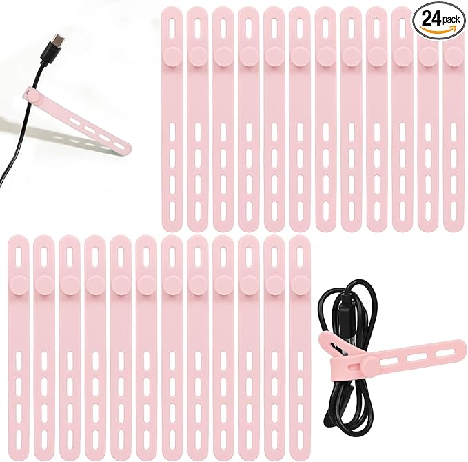 Donruby 24Pcs Silicone Cable Ties - Reusable & Washable with Locking Buckle Design, Adjustable Fastening Cable Straps, Multi-Purpose High Elasticity Cord Organizer (Pink)